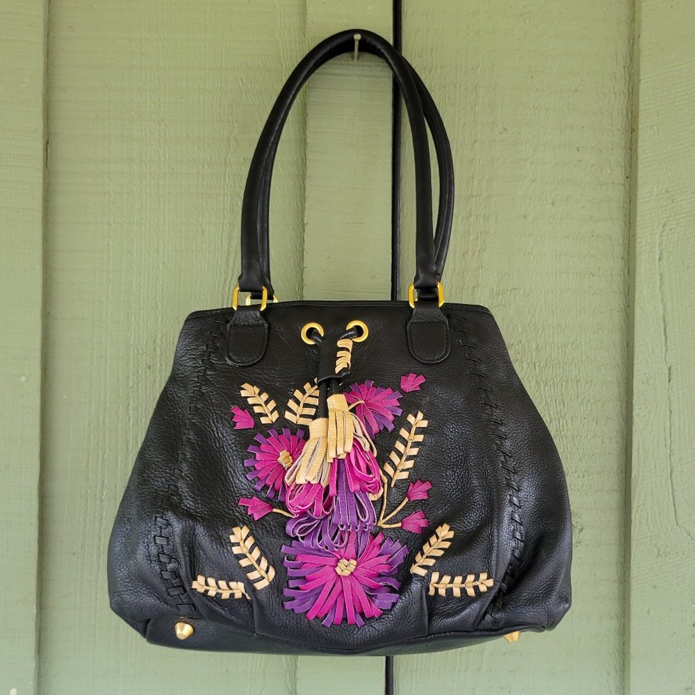 ISABELLA FIORE Black Leather Floral Shoulder Bag - Picture 8 of 9